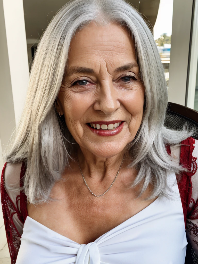 night, soft lights, old women Sixty years old, red lips, long-long white straight hair, hair on her eye, she smiling, posing on huge night balcony, sitiing on the chair, she weared red dress with black lace stockings, older beauty, jaw dropping mature older beauty, old face and body with wrinkles, old face, attractive grandma, a gorgeous old silver hair, beautiful old grandma, lovely older mature grandma, gorgeous beautiful grandma over 80 years old, beautiful silver hair grandma, beautiful detailed body and face, a beautiful old grany,