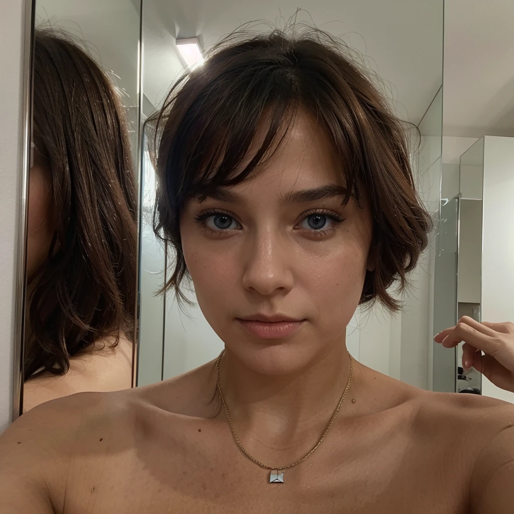 photo selfie qui tient son iphone a la main, brune aux yeux bleu russe, dans le miroir 