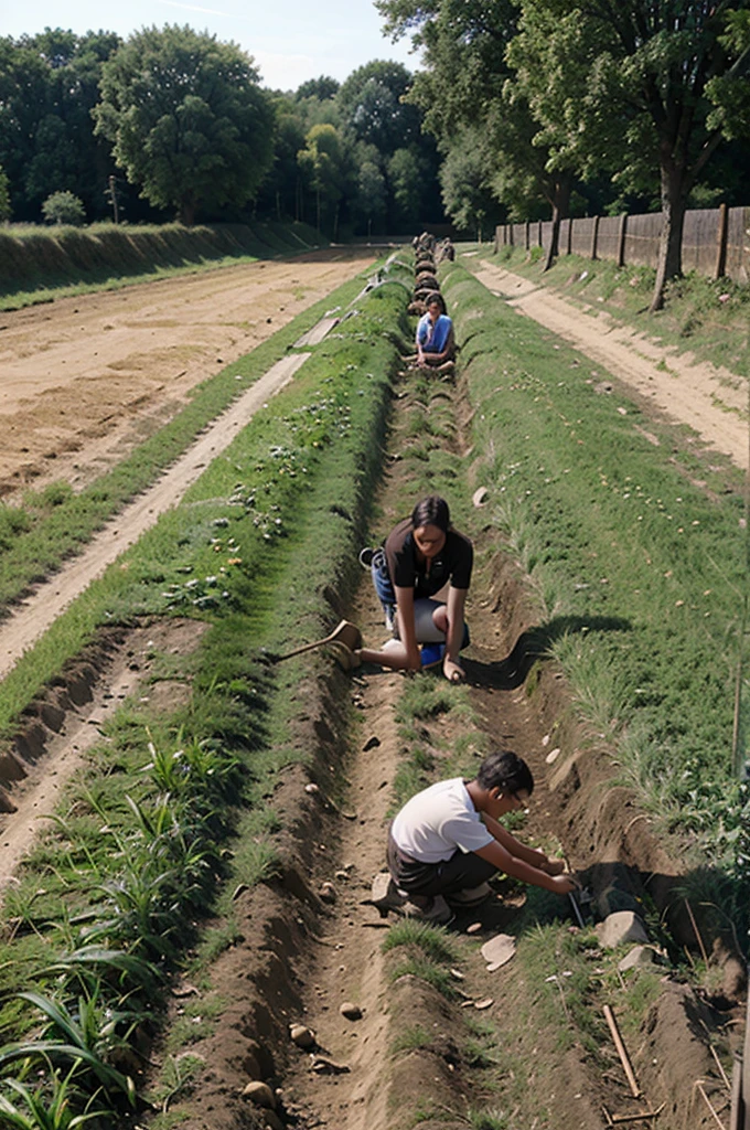 The villagers worked together to fill the ditch