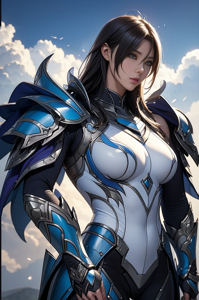 (female ghost tender)、super beauty、blue armor 솔로 성인 여자、Chest muscles and macho appearance,split abs,(Armed with a long and large spear)、Super sexy mature big female monster。strong chin(realistic)、Standing looking straight ahead、blue armor、A magnificent work of art、((Kyoto panel painting style))、wind effect:1.9、Cloud effect:1.2、full rendering、ominous picture、Unreal Engine、Advanced armor patterns and decorations,surrealism,Armor Details, high resolution,tempting,Entice your audience,seductive pose,