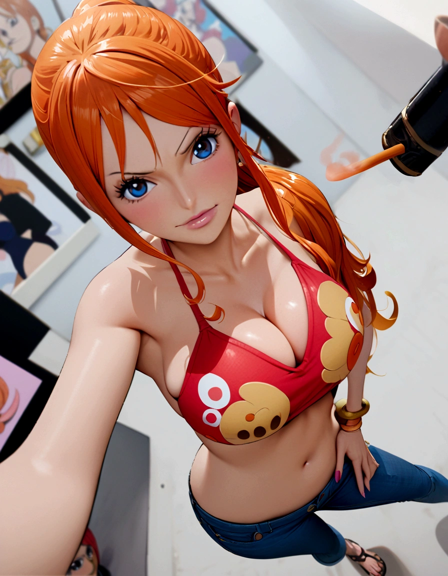 a cartoon picture of a woman in a bikini top and jeans, nami one piece, nami from one piece, nami, beautiful portrait of nami, from one piece, oppai, blue eyes, smoking, ponytail