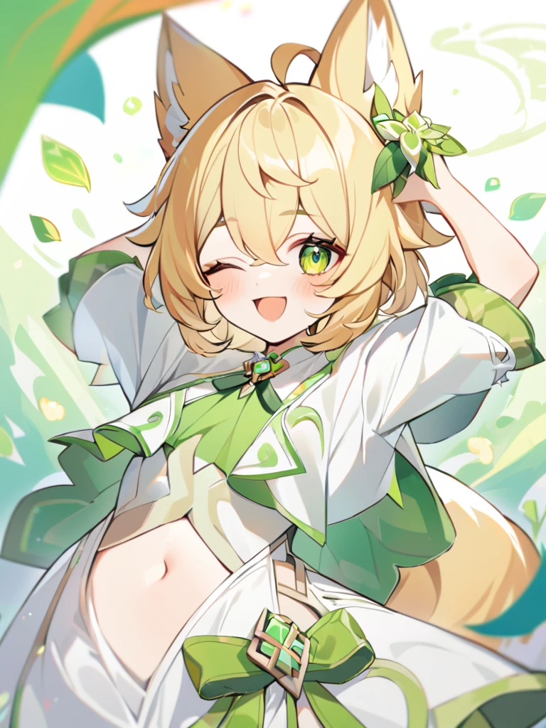 fox girl, genshin, completely white clothes, open belly, one eye is orange, the other is green, come up with beautiful clothes and hairstyle,chest, blonde hair