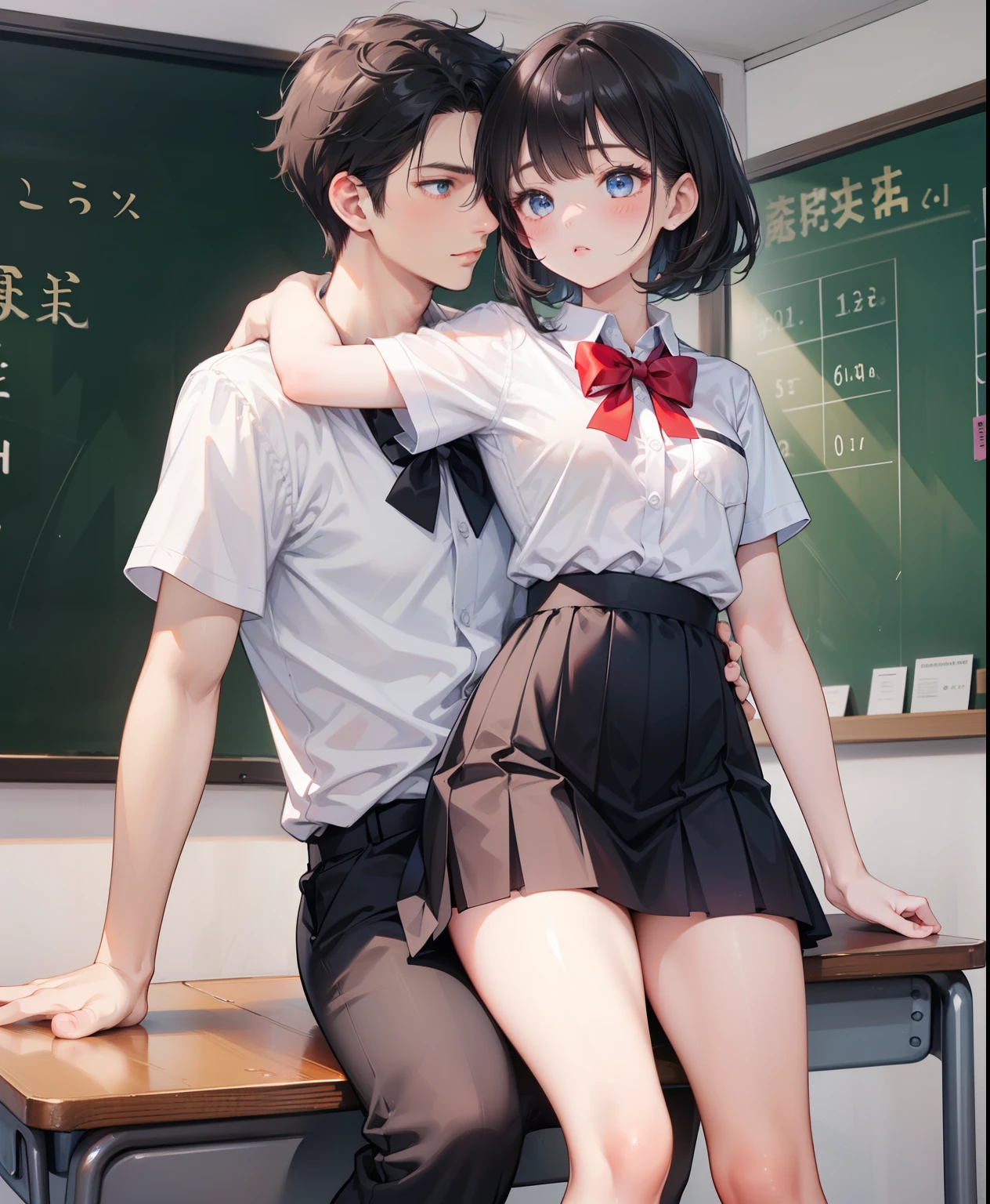 ((girl and man)), , 16 years old, Dynamic posing, dynamic angle, Arrange pose,Top quality work，Show Legs，(short black hair),(blue eyes), Rose cheeks, Pretty Face, A perfectly proportioned face, school white shirt with red bow and black skirt, (school uniform), (school white shirt), white stockings，school, in classroom, full-body view), ((dark fantasy)),((handsome boy grabbing girls ass)), ((girl riding on a man)), erotic posing,Gothic background, Dark fantastic view,Best Quality,masutepiece,8K,The ultimate detailed dark background, Top image quality、RAW photography、超A high resolution，cropped shoulders, overall look is very erotic, model shoot, round chest, Beautiful Eyes of Details、Very slender eyes、Beautiful eyelashes、Very slim physique, with blush cheeks