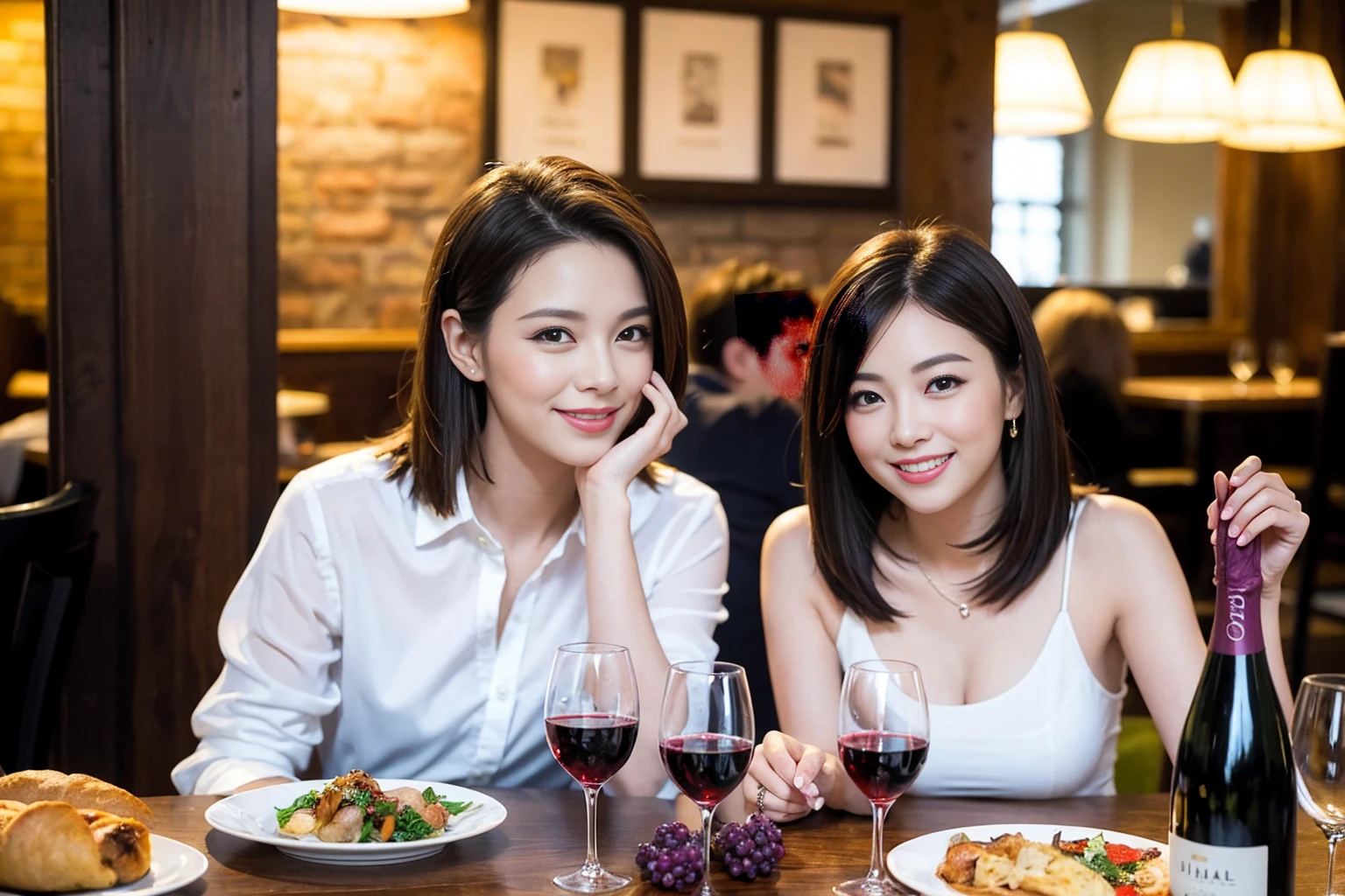 ((Highest quality、8K、masterpiece:1.3))、1 male 1 female、Slim lover、actress、Beautiful couple、Smile、full-course dinner、 (Slim face), (the body is スリム), (Brown Hair), (Shortcuts), ((Bob Hale、Straight hair:1.2)), テーブルの上のwine glass、Shine light on your face、 Amazing view of the sunset sky and clouds、The beauty of a smile、Bright image、Blushing, Shortcuts, (Age 35), 39 years old, Appetizers、Italian food、Wine bottle、Champagne、sparkling wine、dress、Attractive beauty、restaurant, Nova Frog Style, actress, model, Upper Body, White wine, red wine, wine glass, 