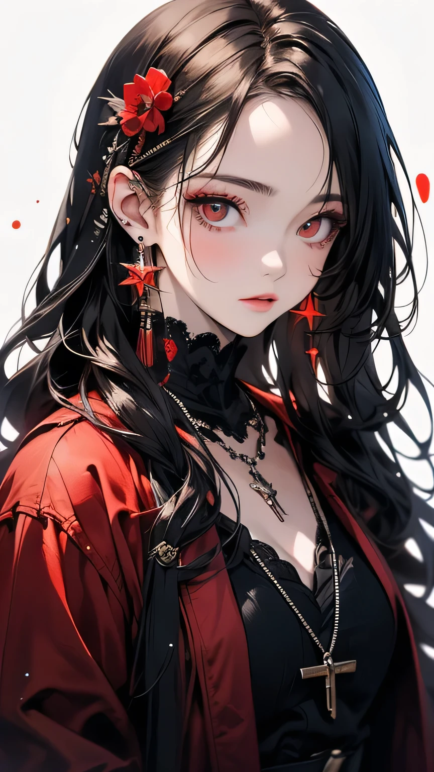 ((masterpiece,Highest quality)),One girl,Beautiful attention to detail, Detailed face, (whole body:1.2), Long white hair, Red eyes,Small breasts, (Black background:1.2), Blood particles, Shaded face 