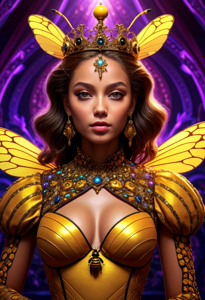 1girl as a queen bee, tall, attractive, high pose, fashion pose, photo art, digital manipulated, extremely detailed, dramatic lighting, vivid color, psychedelic, intricate, 8k UHD, epic realism, fantasy art
