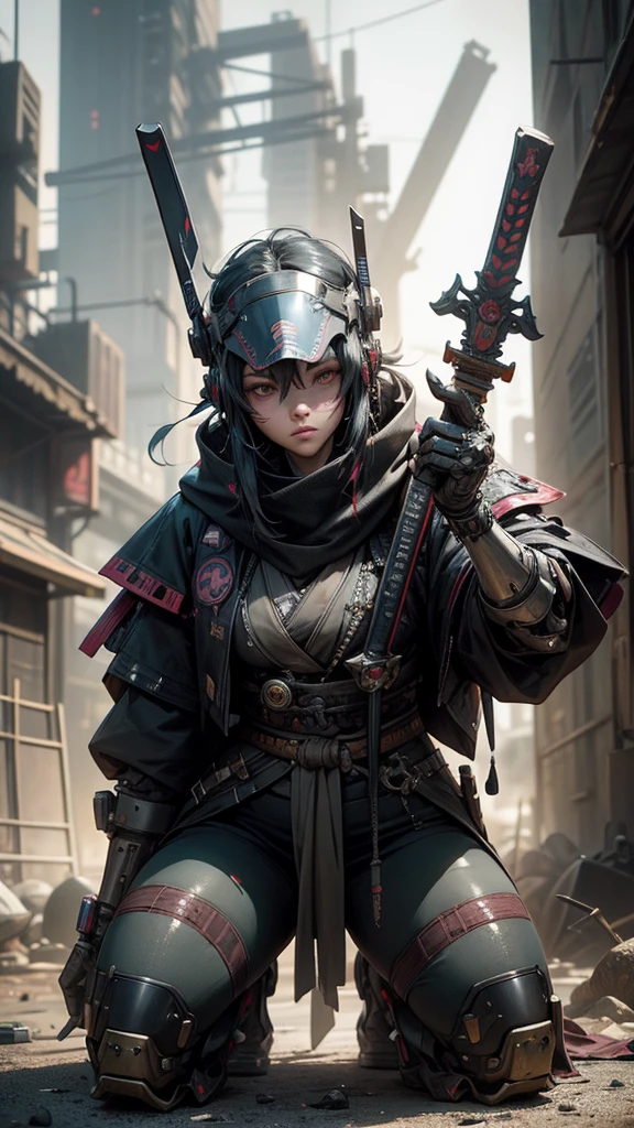 A nomadic robot, in the desert, wearing a scrappy shawl, holding a staff, wearing a large metal hat, scrappy body, rusted, dusty, thin frame, tall, cyberpunk, Cyborg., Hyperrealistic version of a woman kneeling down with a sword in her hand, very beautiful cyberpunk samurai, anime cyberpunk art, cyberpunk samurai, cyberpunk anime art, anime cyberpunk, cgsociety 9, digital cyberpunk anime art, style of maciej kuciara.1girl, samurai armor, helmet oni evil mask,intricate, ornaments detailed, cold colors, metal, egypician detail, highly intricate details, realistic light, trending on cgsociety, glowing eyes, facing camera, neon details, ultra realistic details, portrait full body, japanese atmosphere, global illumination, shadows, octane render, 8k, ultra sharp.cool lolita.