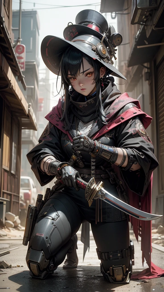 A nomadic robot, in the desert, wearing a scrappy shawl, holding a staff, wearing a large metal hat, scrappy body, rusted, dusty, thin frame, tall, cyberpunk, Cyborg., Hyperrealistic version of a woman kneeling down with a sword in her hand, very beautiful cyberpunk samurai, anime cyberpunk art, cyberpunk samurai, cyberpunk anime art, anime cyberpunk, cgsociety 9, digital cyberpunk anime art, style of maciej kuciara.1girl, samurai armor, helmet oni evil mask,intricate, ornaments detailed, cold colors, metal, egypician detail, highly intricate details, realistic light, trending on cgsociety, glowing eyes, facing camera, neon details, ultra realistic details, portrait full body, japanese atmosphere, global illumination, shadows, octane render, 8k, ultra sharp.cool lolita.