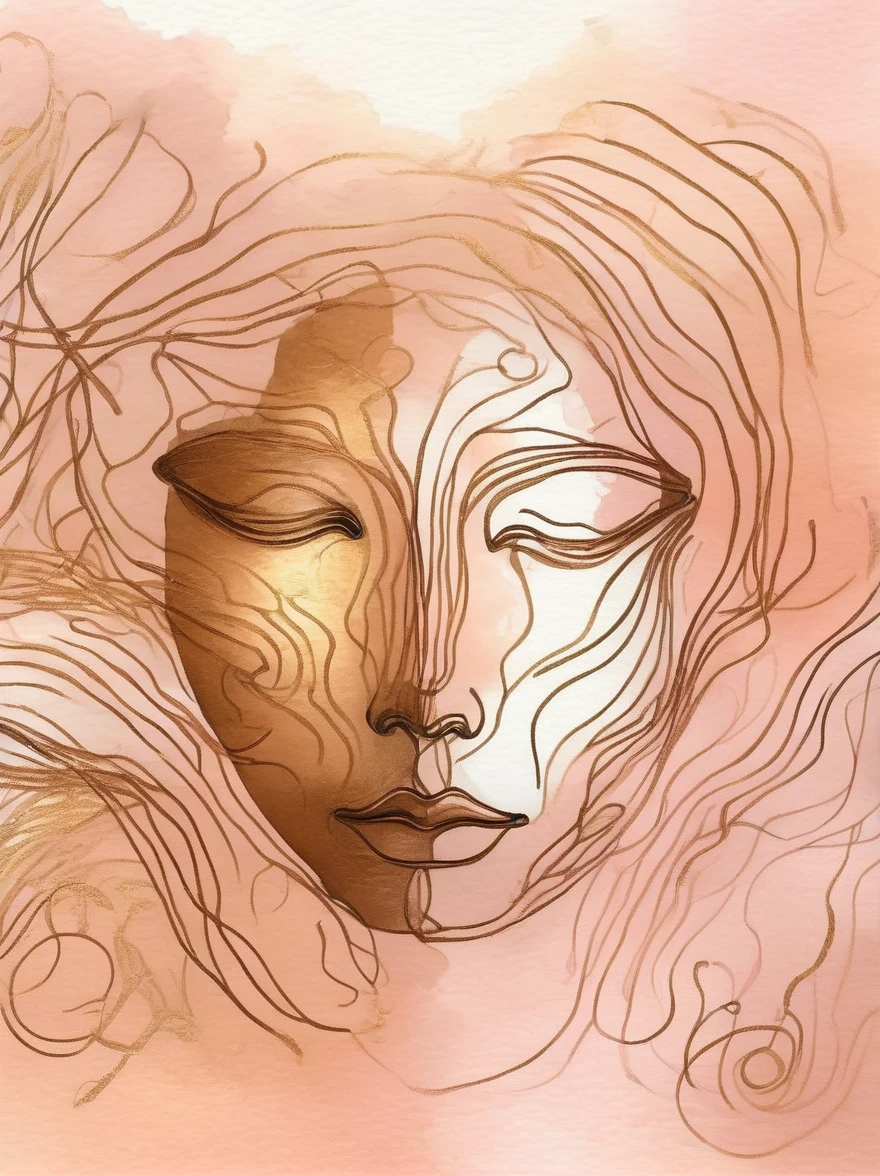 A line art illustration of a person's face in bronze and gold colors. Surrounding the face are a couple of hand-drawn lines, wisps and tendrils in a bronze color. The watercolor background should have soft pink, peach and cream colors.