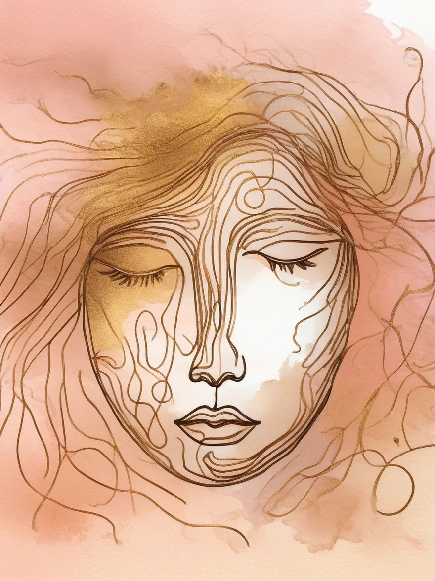 A line art illustration of a person's face in bronze and gold colors. Surrounding the face are a couple of hand-drawn lines, wisps and tendrils in a bronze color. The watercolor background should have soft pink, peach and cream colors.