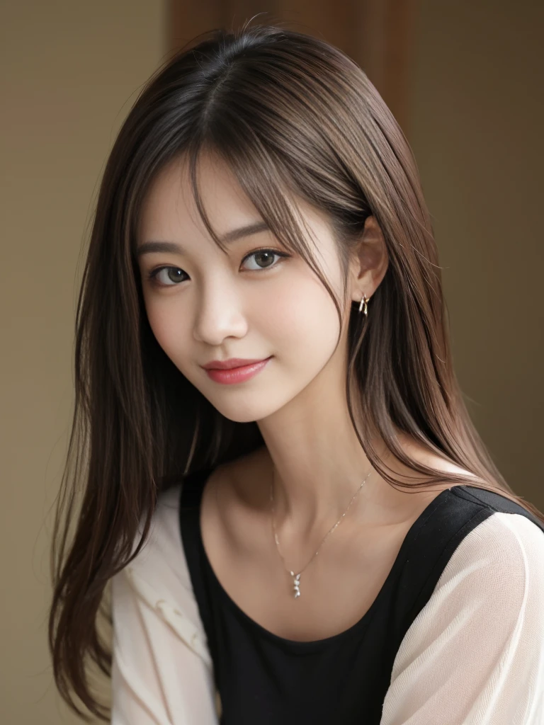 Tabletop、Highest quality、Genuine、Very detailed、finely、High resolution、8k wallpaper、One beautiful woman、、Light brown messy hair、He is wearing a black see-through open-necked shirt.。、Sharp focus、Perfect dynamic composition、Beautiful attention to detail、Thin Hair、詳細なGenuineな肌の質感、smile、Close-up portrait、Model Body Type