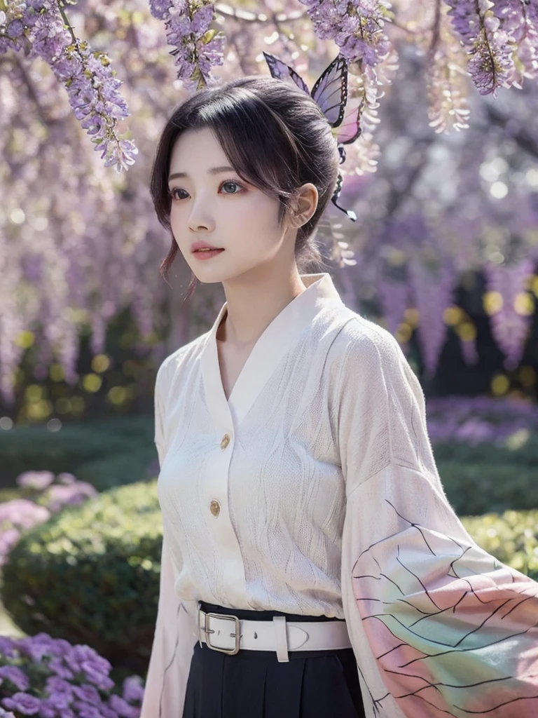 Ultra-realistic 8K CG,masterpiece,((Highly detailed background, Delicate pattern, Intricate details)),Highest quality,very detailed face,Very fine grain and face,Very fine grain,kochou shinobu,Multicolored Hair,No bangs,Hair Intake,Purple eyes,amount,Black Shirt,Black trousers,Haori,butterfly,button,belt,(garden:1.2),Purple Flower,Little,cloudy null,sunlight,Tidal effect,Slope_null,face,Gorgeous null,West Saber,Attractive posture,