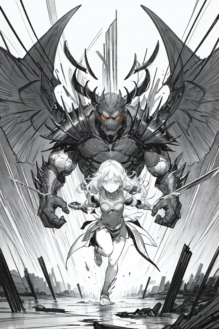 1girl in,line-drawing,monochromes,sketch,Pencil drawing,comic strip、manga comics, dystopian, Traditional Media,、(Detailed background:1.3) Kaiju form of a man, Masterpiece, Best quality, 8K, Detailed skin texture, obsidian-like plates that overlap like armor, reptilian head, obsidian spikes running from the forehead to the back of the neck. Four glowing amber eyes, arms with massive claws and blades, feet have three large, taloned toes, A long, whip-like tail ending in a mace-like cluster of obsidian spike, orange lines and aura in between armor. HD. city background destroyed. ultra HD, masterpiece, 4k, 8k