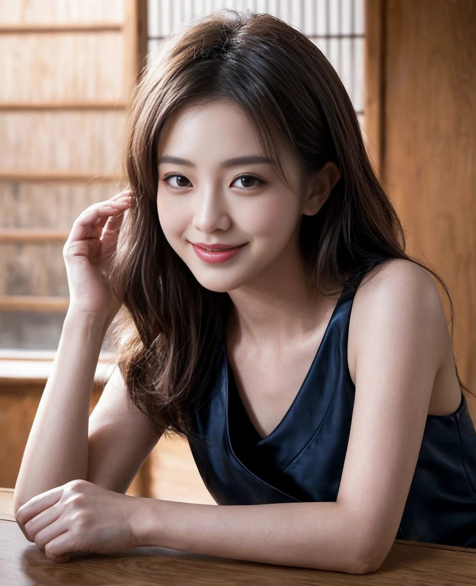 Limited Detailed Accurate Everything, Create engaging illustrations,feature (Japanese actress): 1.1 in 2 Solitary shots with an emphasis on high-quality and an official, Dim focus., rest, panoramic, Apply cinematic lighting effects to enhance. Ensures perfect anatomical connection, Detail the model's hand using 4 fingers and 1 thumb., rest, The photoshoot should include elaborate and detailed costumes, Presenting an elegant and clean appearance and perfect body style. Highlight softness, Capture a natural smile. big, Dark brown eyes and mouth, and the overall beauty of the body., rest, Showing model's beautiful dark brown medium-length bob hairstyle and realistic clean beautiful skin, Thin eyebrows. Capture the essence of cuteness, Sexy, And elegant face, Enhance the overall elegance. , rest, Introducing random angles,Adding life to your shots, Make sure your presentation is varied and visually appealing. Capturing moments that radiate warmth and charm , 😚, Stylish black leather dress with clever cutouts., rest, Deep Black,With subtle metallic tones., rest, The dress accentuated the model's stunning figure, Exudes a strong sense of elegance and sexiness., rest, low, 正面角度凸显big胆的设计和自信的姿态., rest, Stand with one hand crossed at the waist, Sultry eyes, Fluffy wavy hairstyle., rest, Moody, Dim lighting、Luxuriously decorated room., rest, Minimalist Metal Jewelry, Heavy makeup, Fluffy hairstyle., rest, Night brings drama.
, 💓, Some small light brown moles, Attractive natural smile. (Solitary) : 2