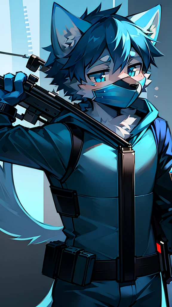 One Chico, Wolf, White and blue fur, young people, blue eyes,Blue combat suit,Blue cape,Blue mask,Holding a sniper rifle,There is a blue mark on the sniper rifle,In battle