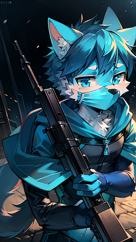 One Chico, Wolf, White and blue fur, young people, blue eyes，Blue combat suit，Blue cape，Blue mask，Holding a sniper rifle，There is a blue mark on the sniper rifle，In battle