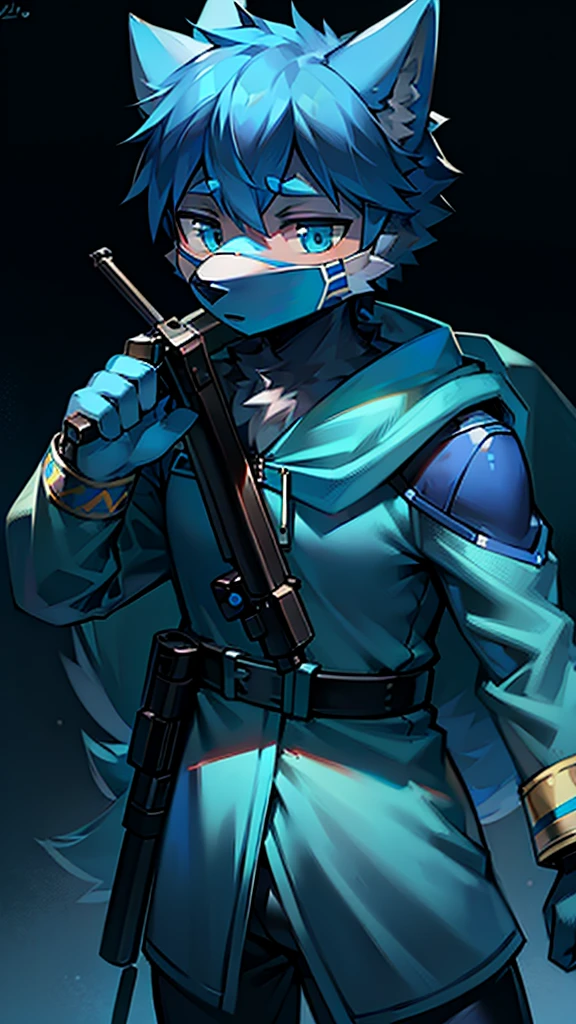 One Chico, Wolf, White and blue fur, young people, blue eyes，Blue combat suit，Blue cape，Blue mask，Holding a sniper rifle，There is a blue mark on the sniper rifle，In battle