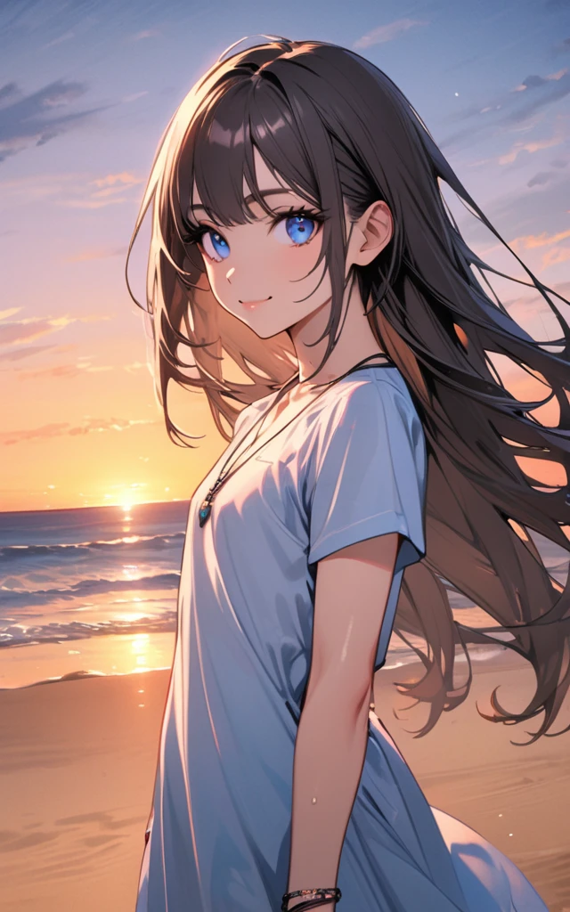 (masterpiece)、(absurdres)、(ultra detailed)、solo lady、dark blonde hair:1.2,(straight long hair)、BREAK、(shiny blue eyes:1.0)、BREAK、(athletic)、[flat chest]、(pendant:0.9)、(pierce:0.8)、(bracelet:0.7)、(ショートパンツと黒いビキニ),cowboy shot,side view,sunset,beach、顔の高さで手を見せる、smile,closed mouth,on right,
