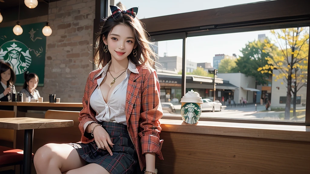 8K、RAW Photos、Highest quality、Super detailed、Super Resolution、Ultra HD、8K壁紙、Amazing details blazer uniform girl ((White blouse with formal collar, A nice red blazer, Black plaid skirt, Red checkered ribbon on blouse)), Complete limbs, Full Finger,
((((Inside the Starbucks store))))、16 year old female student、(((Eat cake、Drink coffee、smile)))、Heart Necklace、Gold bracelet
((Emphasize cleavage))
((((Woman sitting at the window seat))))
