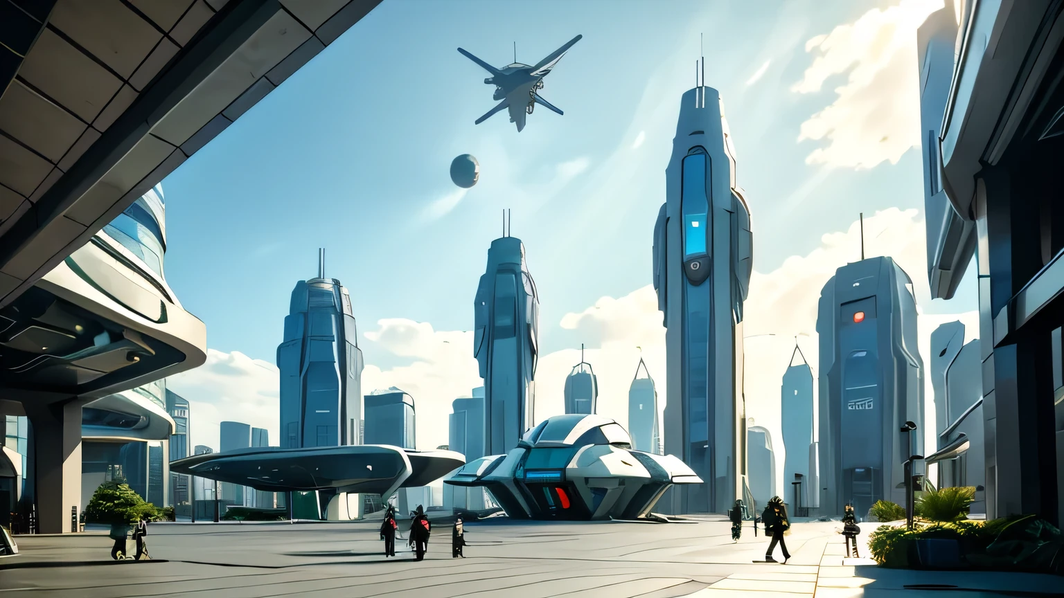 Huge city square，The square is empty，There is a sci-fi futuristic building in the distance，Sci-fi architecture，Geometric architecture，There are future aircraft in the sky，There are planets in the sky，Technology，future technology，Green Plants，Camera overlook