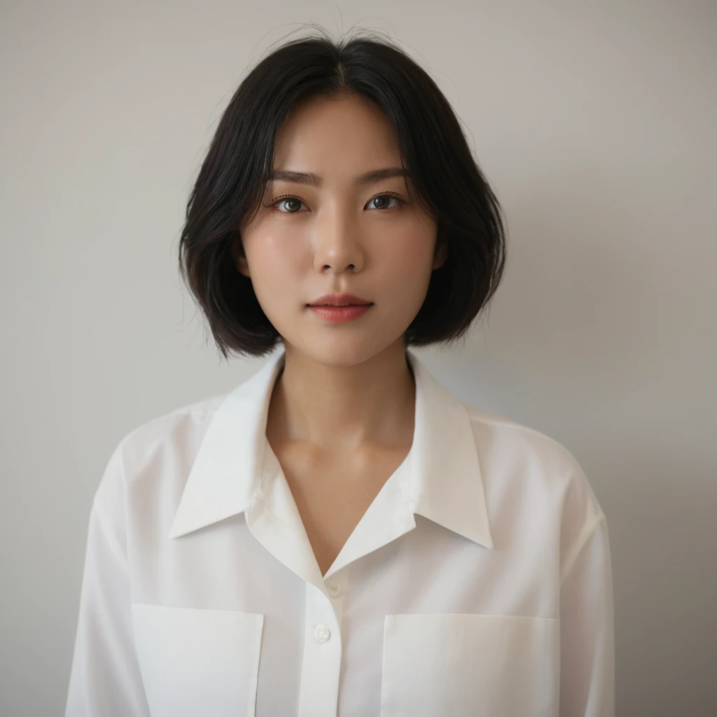 Best Quality, 8k, Masterpiece, (Portrait: 1.3), (photo realistic:1.4), (hyper realistic:1.4), Sharp Focus, looking at viewer, (smoother lighting:1.1), (increase cinematic lighting quality:0.9), realistic lighting, backlighting, light on face, ray trace, (brightening light:1.2), (Increase quality:1.4), sharp detail, (best quality real texture skin:1.4), finely detailed eyes, black_eyes, finely detailed face, 25 year old Korean woman, (white formal_shirt:1.4), (Create an image maintaining the original base model hairstyle:1.5)