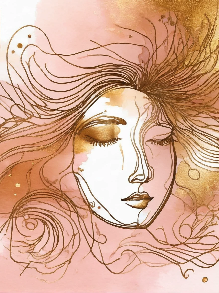 A line art illustration of a person's face in bronze and gold colors. Surrounding the face are a couple of hand-drawn lines, wisps and tendrils in a bronze color. The watercolor background should have soft pink, peach and cream colors.