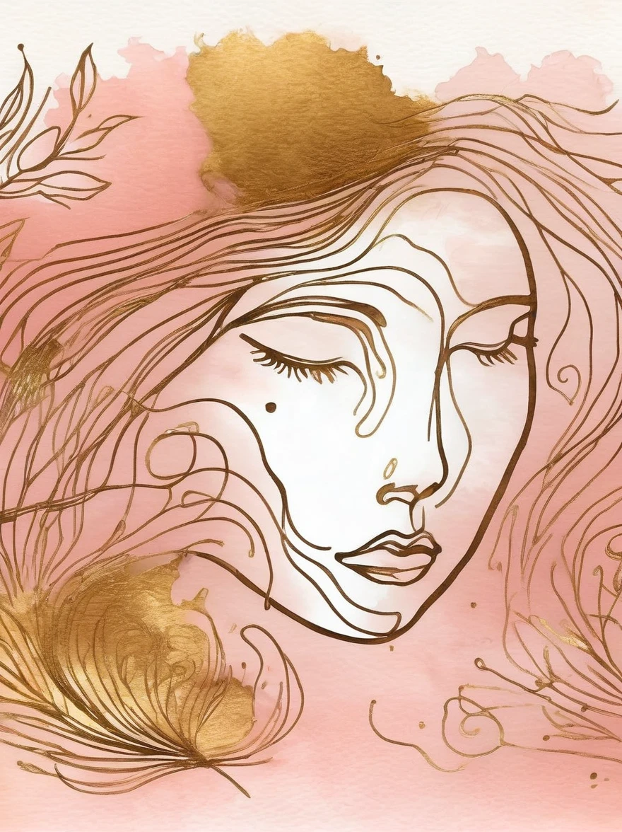 A line art illustration of a person's face in bronze and gold colors. Surrounding the face are a couple of hand-drawn lines, wisps and tendrils in a bronze color. The watercolor background should have soft pink, peach and cream colors.