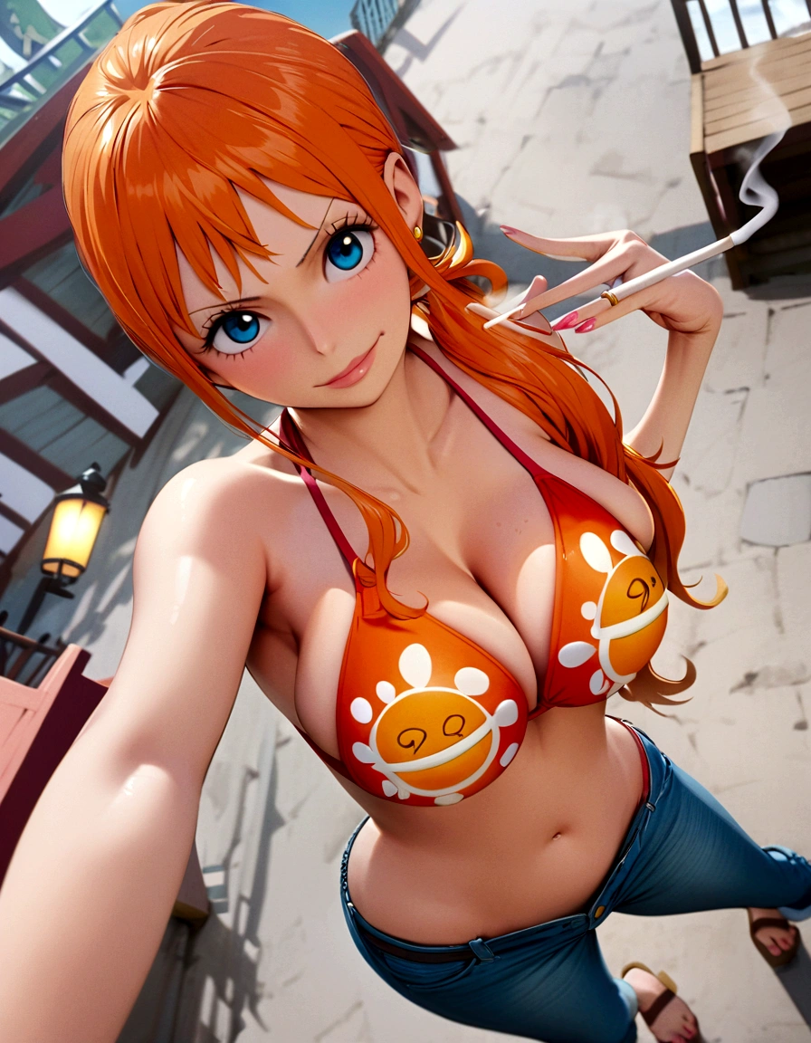 a cartoon picture of a woman in a bikini top and jeans, nami one piece, nami from one piece, nami, beautiful portrait of nami, from one piece, oppai, blue eyes, smoking, ponytail