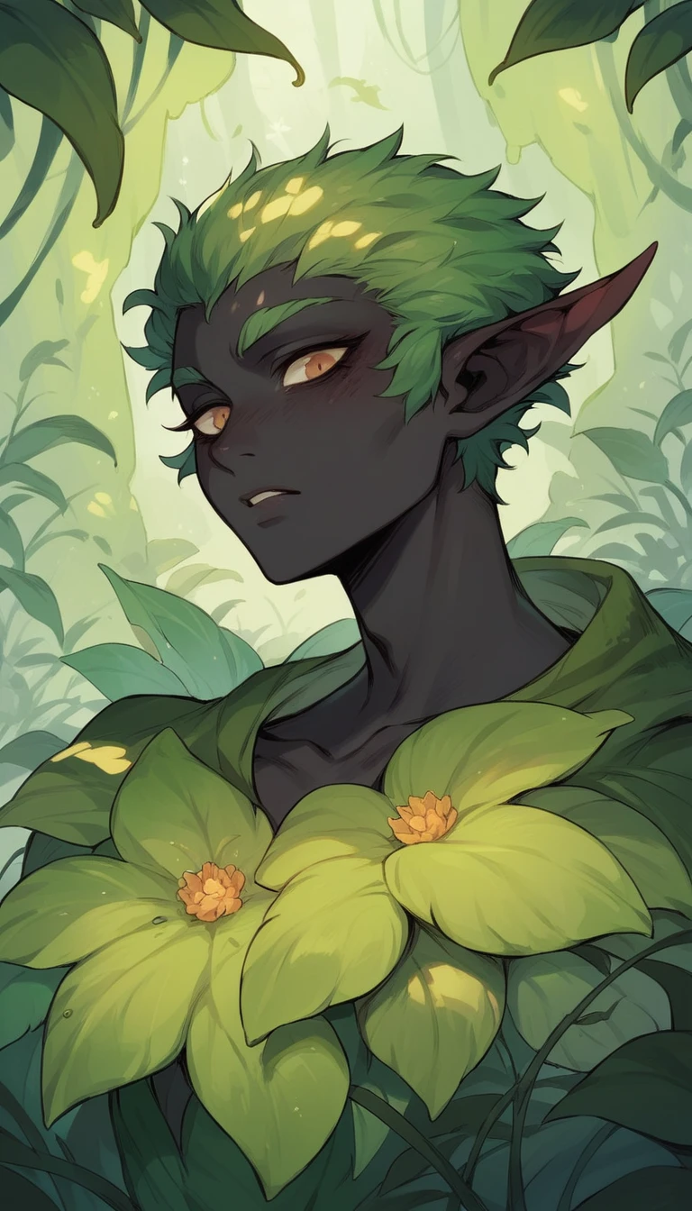 A humanoid being like a dryad with plants coming out of its skin, (black skin)
