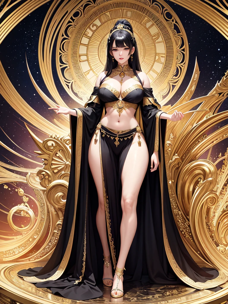 (masterpiece, top quality, best quality, official art, beautiful and aesthetic:1.2), (1girl), black hair, black eyes, voluptuous, black gown and robe, big chest, beautiful shoulders, beautiful navel, beautiful thighs, beautiful legs, diamonds, gold, silver, paladium, titanium, mithril, extremely detailed anatomy, extremely detailed everything, ornament, ancient hi-tech, (fractal art:1.3), all 7 of colors, colorful, HD image, wide angle, top to toe, full body, highest detailed.
