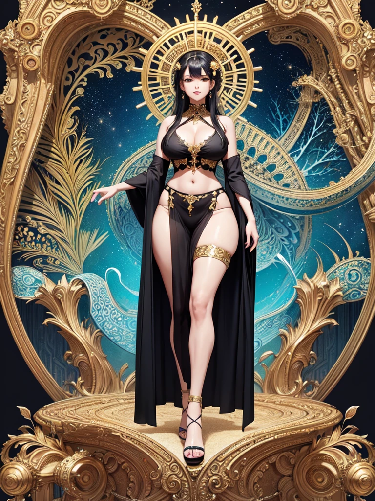 (masterpiece, top quality, best quality, official art, beautiful and aesthetic:1.2), (1girl), black hair, black eyes, voluptuous, black gown and robe, big chest, beautiful shoulders, beautiful navel, beautiful thighs, beautiful legs, diamonds, gold, silver, paladium, titanium, mithril, extremely detailed anatomy, extremely detailed everything, ornament, ancient hi-tech, (fractal art:1.3), all 7 of colors, colorful, HD image, wide angle, top to toe, full body, highest detailed.