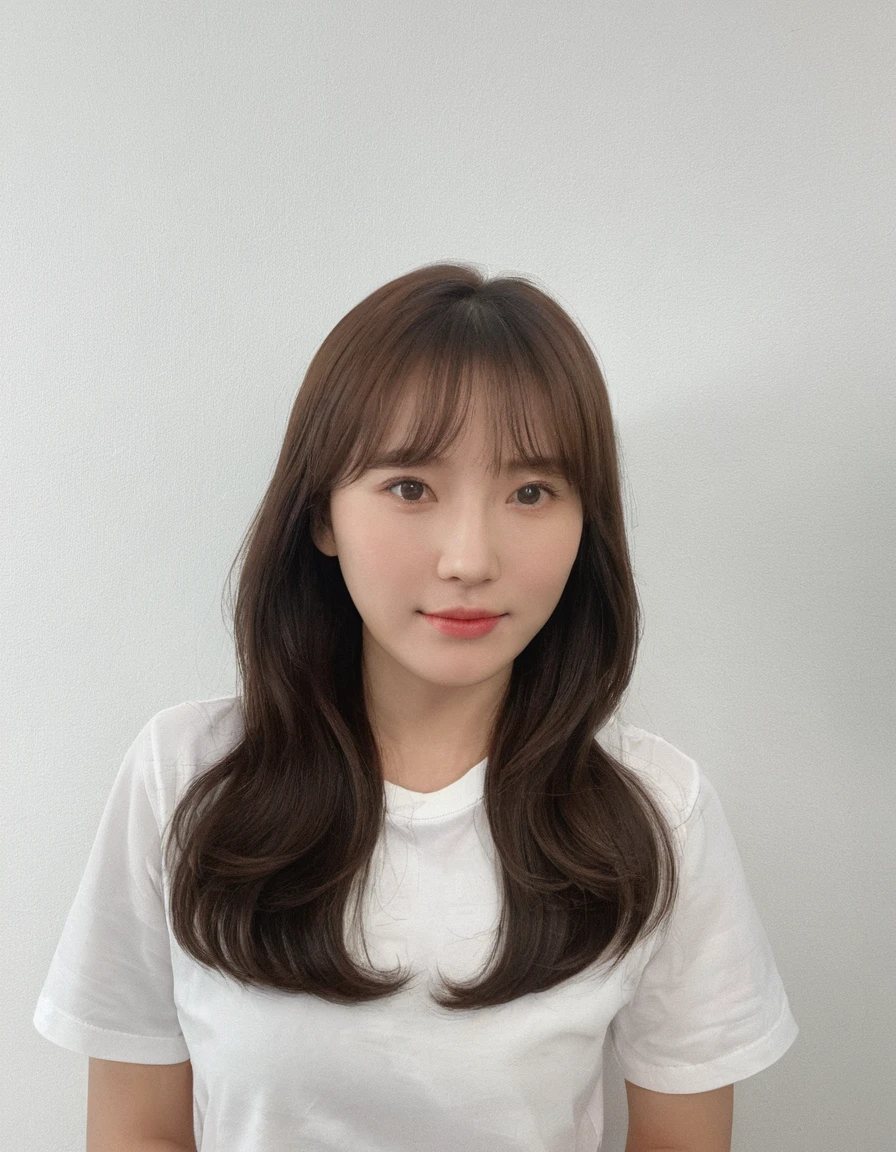Best Quality, 8k, Masterpiece, (Portrait: 1.3), (photo realistic:1.4), (hyper realistic:1.4), Sharp Focus, looking at viewer, (smoother lighting:1.1), (increase cinematic lighting quality:0.9), realistic lighting, backlighting, light on face, ray trace, (brightening light:1.2), (Increase quality:1.4), sharp detail, (best quality real texture skin:1.4), finely detailed eyes, black_eyes, finely detailed face, 25 year old Korean woman, (white formal_shirt:1.4), (Create an image maintaining the original base model hairstyle:1.5)