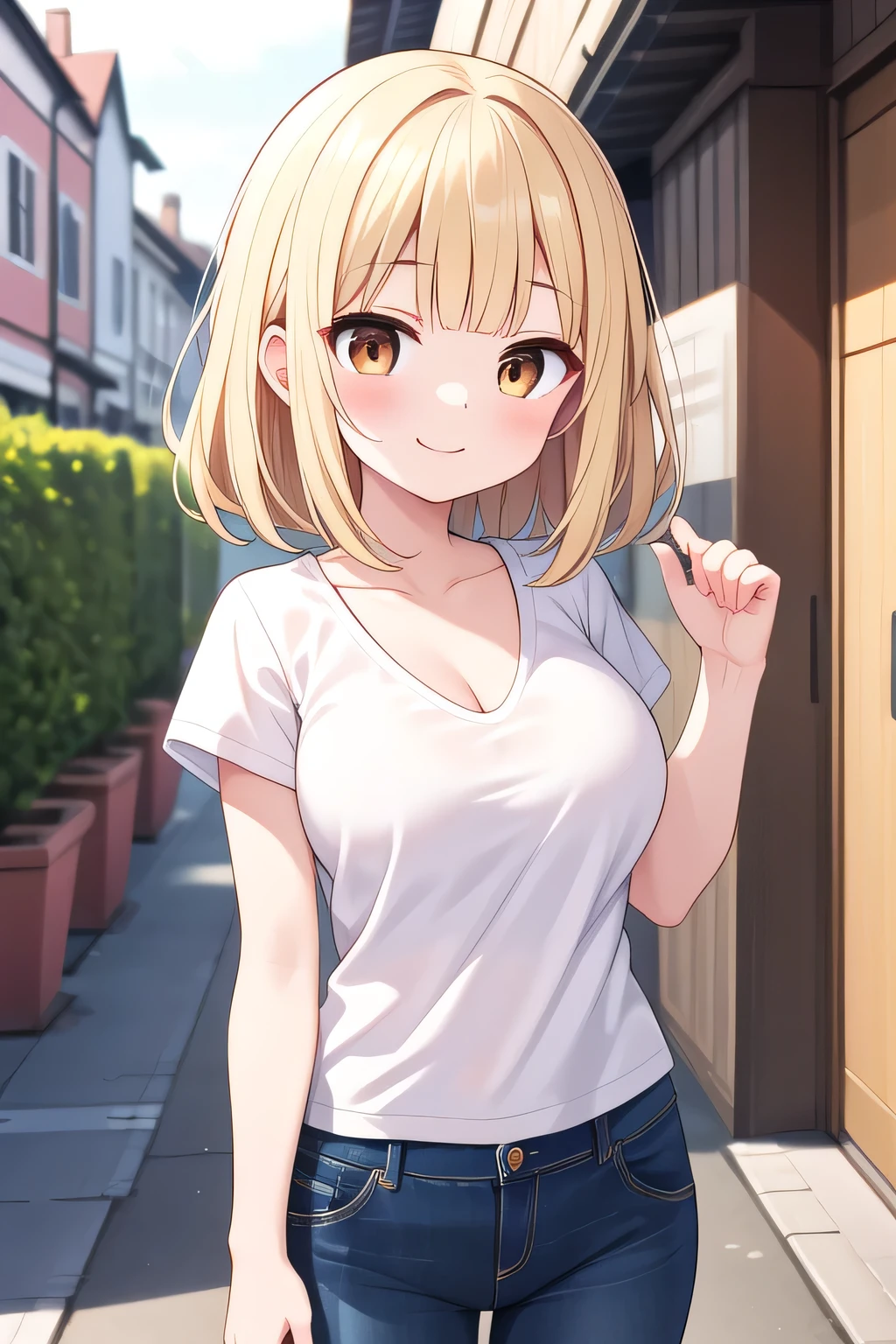 (masterpiece, best quality, ultra hires), 1girl, 21 years old, blonde hair, medium hair, straight hair, blunt bangs, brown eyes, large breasts, BREAK white t-shirt, v-neck, jeans, BREAK from front, upper body, standing, smile, town,
