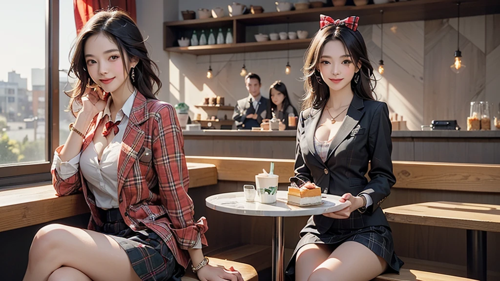 8K、RAW Photos、Highest quality、Super detailed、Super Resolution、Ultra HD、8K壁紙、Amazing details blazer uniform girl ((White blouse with formal collar, A nice red blazer, Black plaid skirt, Red checkered ribbon on blouse)), Complete limbs, Full Finger,
((((Inside the Starbucks store))))、16 year old female student、(((Eat cake、Drink coffee、smile)))、Heart Necklace、Gold bracelet
((Emphasize cleavage))
((((Woman sitting at the window seat))))
