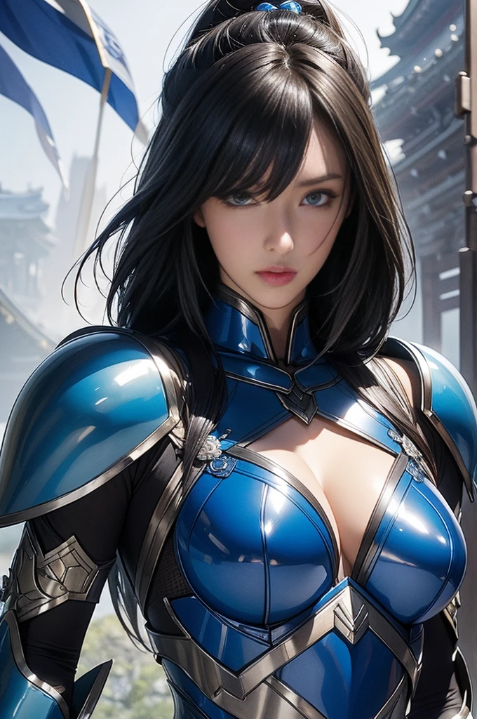super beauty、blue armor 솔로 성인 여자、Super sexy mature big female monster。strong chin(realistic)、Standing looking straight ahead、blue armor、A magnificent work of art、((Kyoto panel painting style))、wind effect:1.9、Cloud effect:1.2、full rendering、ominous picture、Unreal Engine、Advanced armor patterns and decorations,surrealism,Armor Details, high resolution,tempting,Entice your audience,seductive pose,