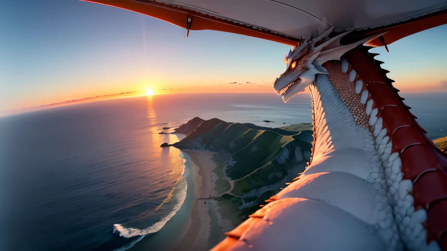 (Sunset,Overlooking the sea from the back of a dragon in the air,The sea is endless),Distant coastline