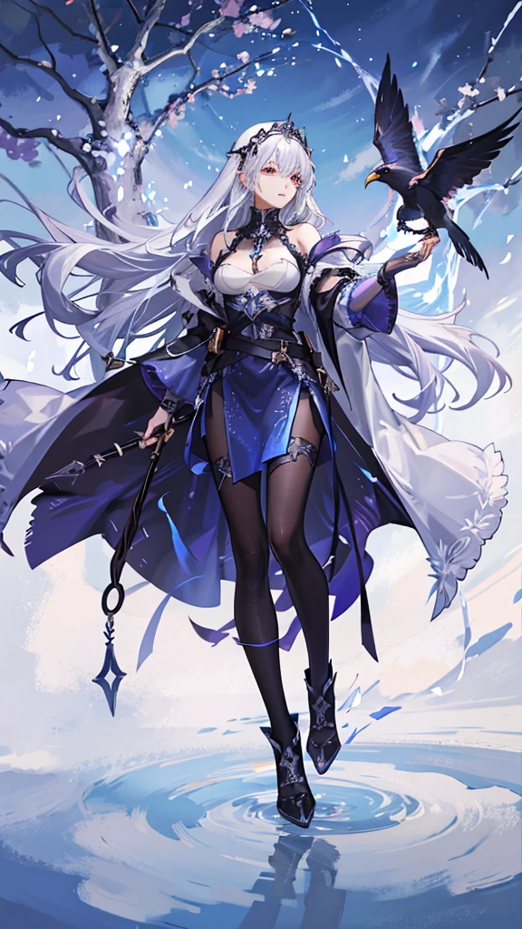 Create an illustration of Odin from Norse mythology reimagined as a beautiful girl. This female Odin should embody elegance and power. She has strikingly beautiful, sharp, regal features with high cheekbones, a delicate nose, and full lips. She has one piercing icy blue or silver eye radiating wisdom and authority, and her other eye is covered with a patch or hidden by her hair, symbolizing the eye Odin sacrificed for wisdom. Her long, flowing hair is either silver or golden, cascading down her back with a slightly wild, untamed look. She wears a combination of Norse warrior and royal attire, including a long, flowing cloak, fur accents, and intricate armor with runic engravings. The colors of her outfit are rich and regal, such as deep blues, blacks, and metallic gold or silver. She wears a crown or circlet reflecting her status as the All-Father, with intricate designs possibly incorporating raven or wolf motifs. She holds an elegantly designed spear, Gungnir, with confidence. The background is a grand, mystical setting reflecting Asgard, including elements like the Yggdrasil tree glowing with ethereal light. The sky is a twilight mix of purples and blues, with the Bifrost bridge visible in the distance. Her two ravens, Huginn and Muninn, are perched on her shoulders or flying nearby, adding a sense of movement and life to the illustration. Her wolves, Geri and Freki, stand by her side, looking majestic and protective. The overall atmosphere is mystical and awe-inspiring, with a sense of ancient wisdom and power. The lighting is dramatic, with highlights and shadows accentuating her features and attire.
