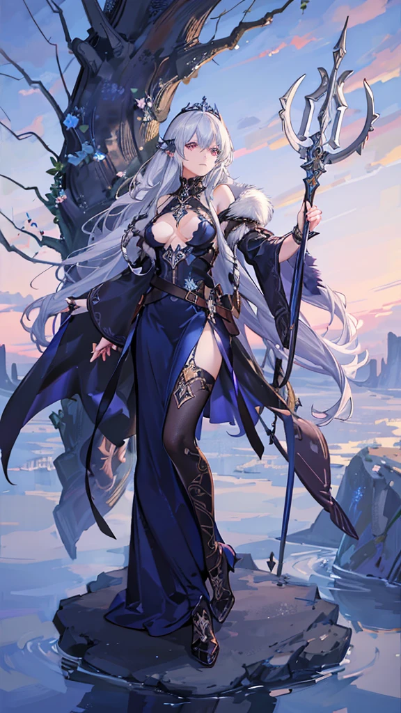 Create an illustration of Odin from Norse mythology reimagined as a beautiful girl. This female Odin should embody elegance and power. She has strikingly beautiful, sharp, regal features with high cheekbones, a delicate nose, and full lips. She has one piercing icy blue or silver eye radiating wisdom and authority, and her other eye is covered with a patch or hidden by her hair, symbolizing the eye Odin sacrificed for wisdom. Her long, flowing hair is either silver or golden, cascading down her back with a slightly wild, untamed look. She wears a combination of Norse warrior and royal attire, including a long, flowing cloak, fur accents, and intricate armor with runic engravings. The colors of her outfit are rich and regal, such as deep blues, blacks, and metallic gold or silver. She wears a crown or circlet reflecting her status as the All-Father, with intricate designs possibly incorporating raven or wolf motifs. She holds an elegantly designed spear, Gungnir, with confidence. The background is a grand, mystical setting reflecting Asgard, including elements like the Yggdrasil tree glowing with ethereal light. The sky is a twilight mix of purples and blues, with the Bifrost bridge visible in the distance. Her two ravens, Huginn and Muninn, are perched on her shoulders or flying nearby, adding a sense of movement and life to the illustration. Her wolves, Geri and Freki, stand by her side, looking majestic and protective. The overall atmosphere is mystical and awe-inspiring, with a sense of ancient wisdom and power. The lighting is dramatic, with highlights and shadows accentuating her features and attire.
