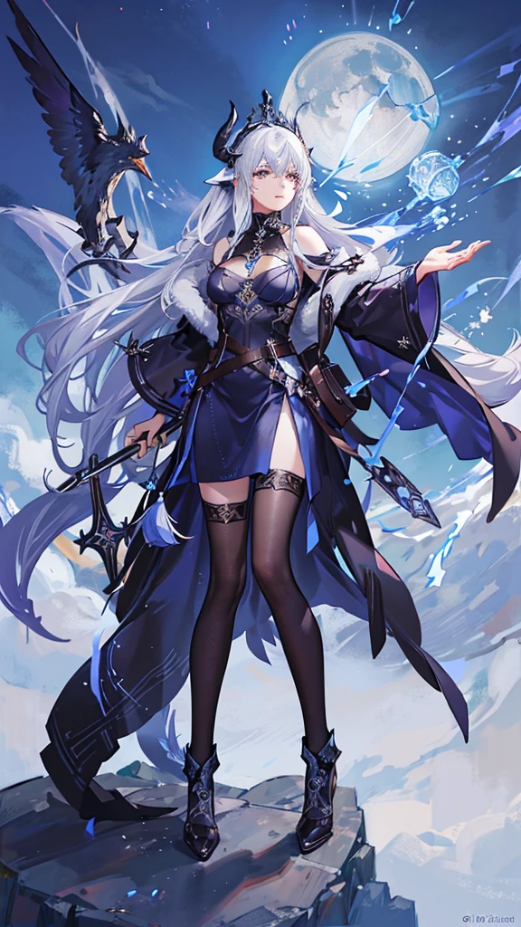 Create an illustration of Odin from Norse mythology reimagined as a beautiful girl. This female Odin should embody elegance and power. She has strikingly beautiful, sharp, regal features with high cheekbones, a delicate nose, and full lips. She has one piercing icy blue or silver eye radiating wisdom and authority, and her other eye is covered with a patch or hidden by her hair, symbolizing the eye Odin sacrificed for wisdom. Her long, flowing hair is either silver or golden, cascading down her back with a slightly wild, untamed look. She wears a combination of Norse warrior and royal attire, including a long, flowing cloak, fur accents, and intricate armor with runic engravings. The colors of her outfit are rich and regal, such as deep blues, blacks, and metallic gold or silver. She wears a crown or circlet reflecting her status as the All-Father, with intricate designs possibly incorporating raven or wolf motifs. She holds an elegantly designed spear, Gungnir, with confidence. The background is a grand, mystical setting reflecting Asgard, including elements like the Yggdrasil tree glowing with ethereal light. The sky is a twilight mix of purples and blues, with the Bifrost bridge visible in the distance. Her two ravens, Huginn and Muninn, are perched on her shoulders or flying nearby, adding a sense of movement and life to the illustration. Her wolves, Geri and Freki, stand by her side, looking majestic and protective. The overall atmosphere is mystical and awe-inspiring, with a sense of ancient wisdom and power. The lighting is dramatic, with highlights and shadows accentuating her features and attire.
