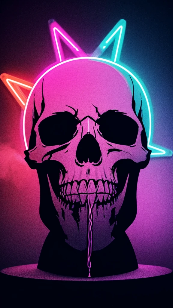 Make a sticker image of a melting skull with a neon triangle within it and the skull has a third eye in its forehead. Add smoke in the background and neon roses around the base of the image