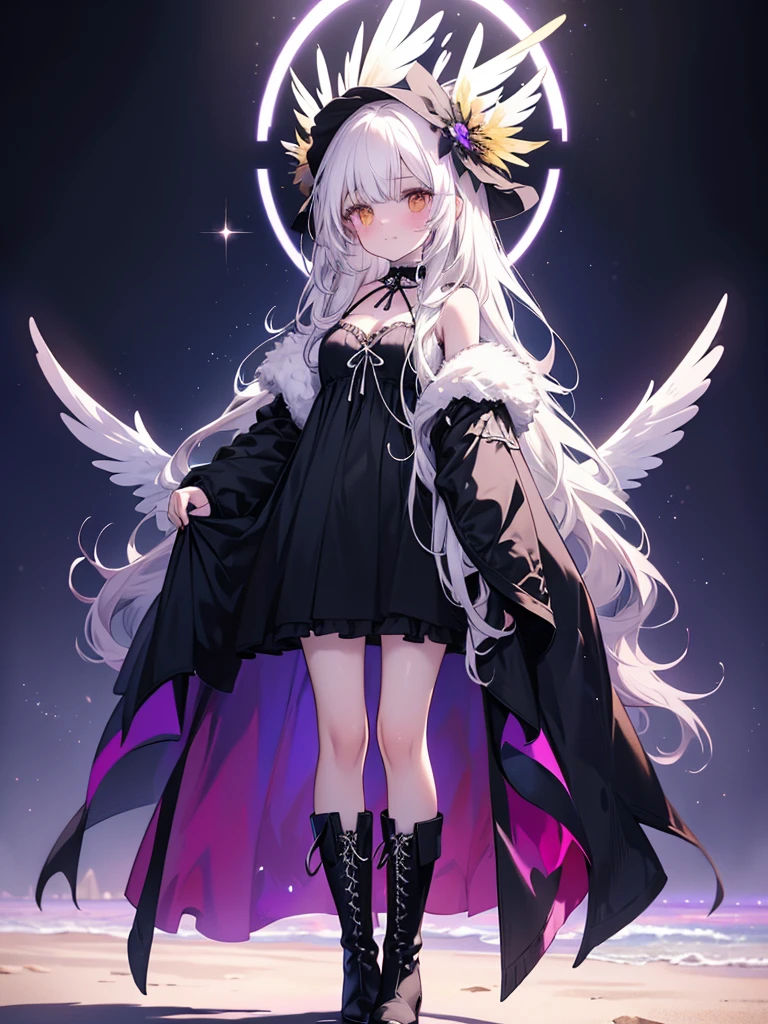 Create a high-quality Mina pastel artwork of a solo girl with long white hair wearing a black gothic dress, standing on a sand beach at night wearing an upright feather headdress, cloak, and boots, with a sparkling yellow eye, cleavage, and a purple background.