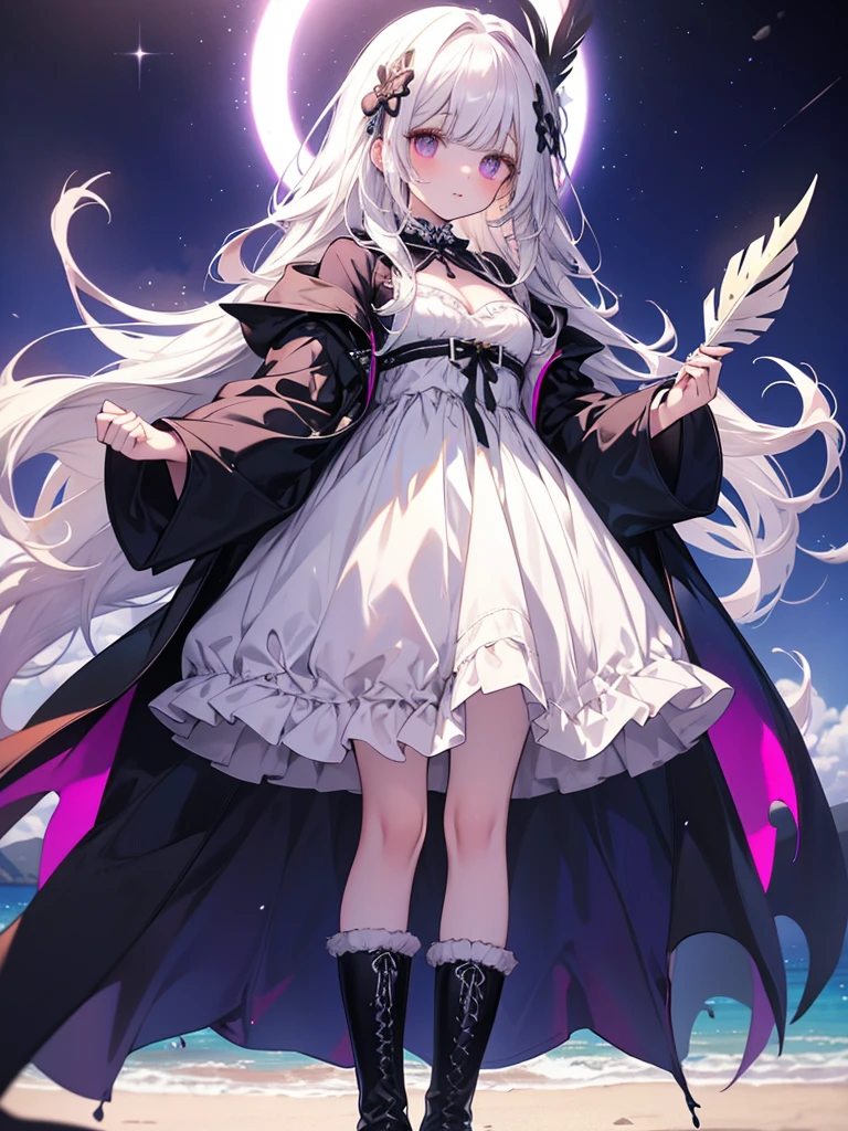 Create a high-quality Mina pastel artwork of a solo girl with long white hair wearing a black gothic dress, standing on a sand beach at night wearing an upright feather headdress, cloak, and boots, with a sparkling yellow eye, cleavage, and a purple background.
