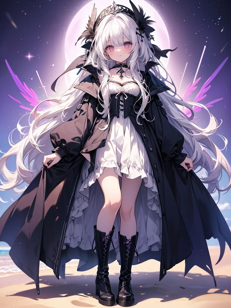 Create a high-quality Mina pastel artwork of a solo girl with long white hair wearing a black gothic dress, standing on a sand beach at night wearing an upright feather headdress, cloak, and boots, with a sparkling yellow eye, cleavage, and a purple background.