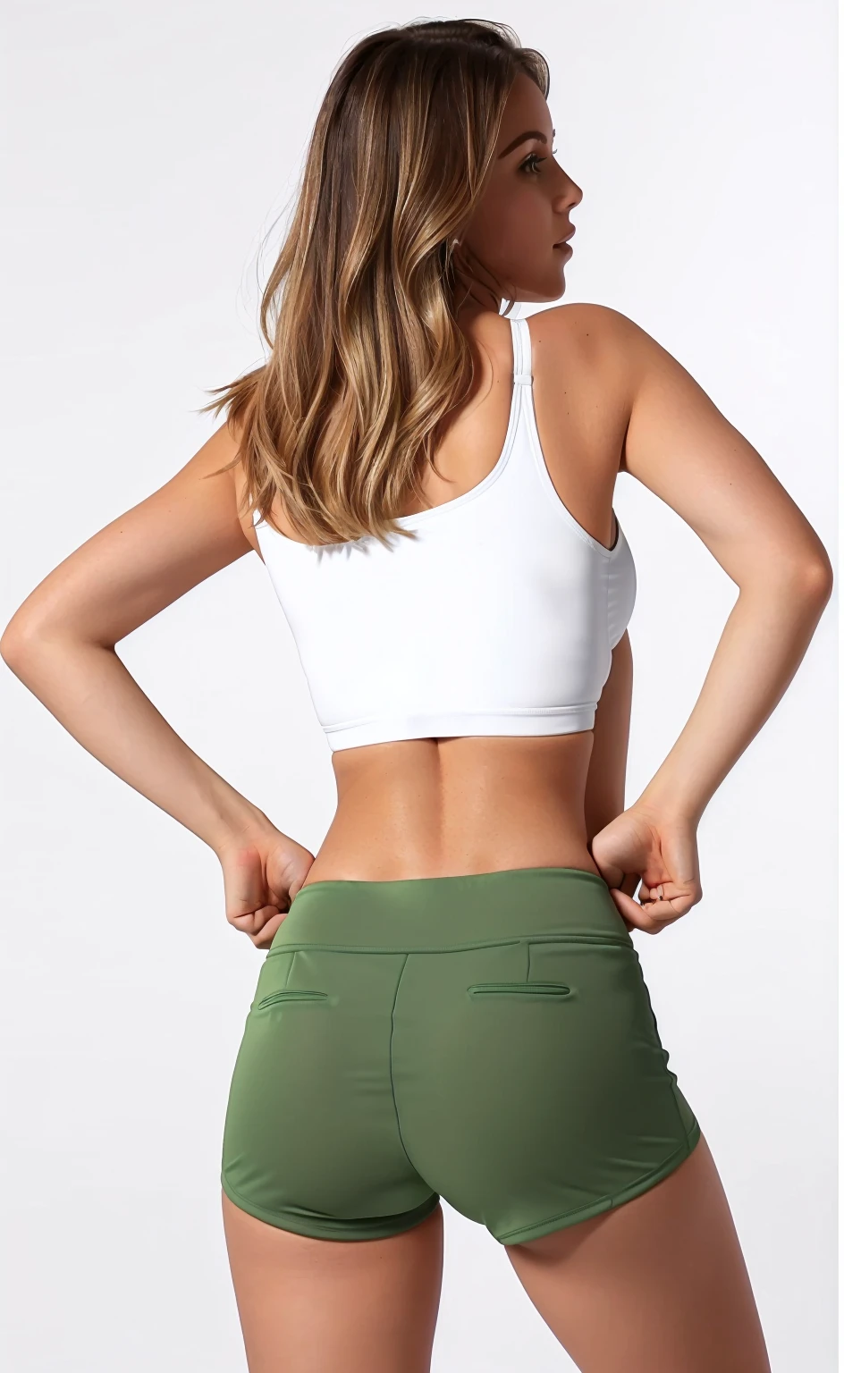 a woman in a white blouse and green shorts is posing, sports bra and shorts, rear view também, coast pose, sports well, top cut, rear view, top cut, sports well, toned shape, training bra, back arched, arched back, detailed sports well, sports bra and shirt, shot from the back, long shot from behind