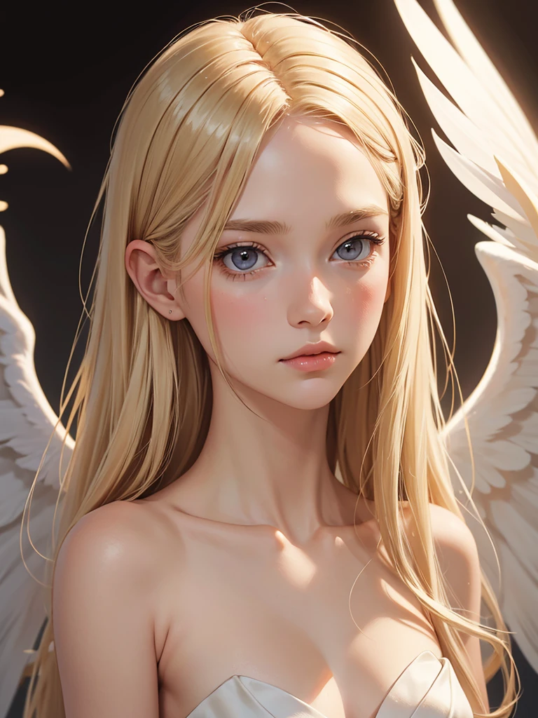 (best quality), 1girl, female, porcelain skin, blonde hair, straight hair, medium hair, swoopy tips, Flipped-up ends, brown eyes, perfect eyes, slender, angel, angel wings, celestial body, small bust, shy, masterpiece, anatomically correct, highres
