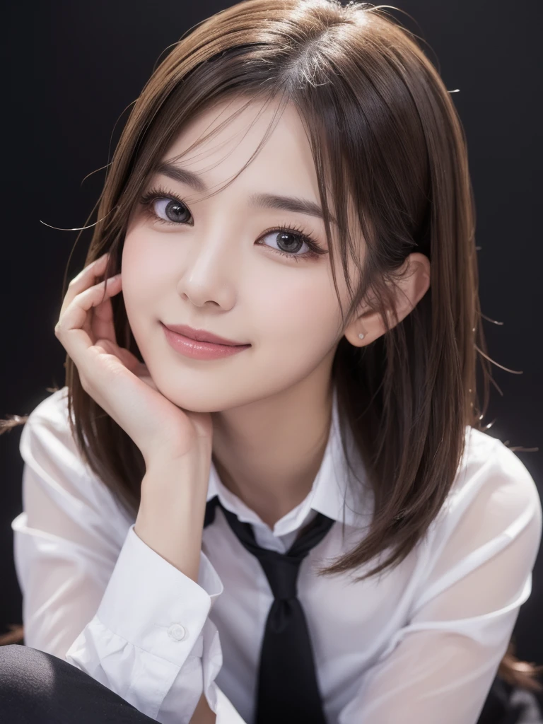 (RAW Photos), (Realistic), (masterpiece), (Highest quality), High resolution, 8K, (Intricate details), (Volumetric Light), Portraiture, woman, Age 35, Medium Hair, Straight hair, Medium Chest, Layered Hair, Brown Hair, Very beautiful eyes, Source order, Very thin eyebrows, Very fine skin, Very beautiful mouth, Very nice nose, Cute like an idol, smile, (Thick lips), (Looking at the audience), (See-through black collared dress shirt), Above the knee shot、Black background table top、Highest quality、Genuine、Very detailed、finely、High resolution、8K壁紙、一人の美しいwoman、、Light brown messy hair、He is wearing a black see-through open-necked shirt.。、Sharp focus、Perfect dynamic composition、Beautiful attention to detail、Thin Hair、詳細なGenuineな肌の質感、smile、Close-up portrait、Model Body Type