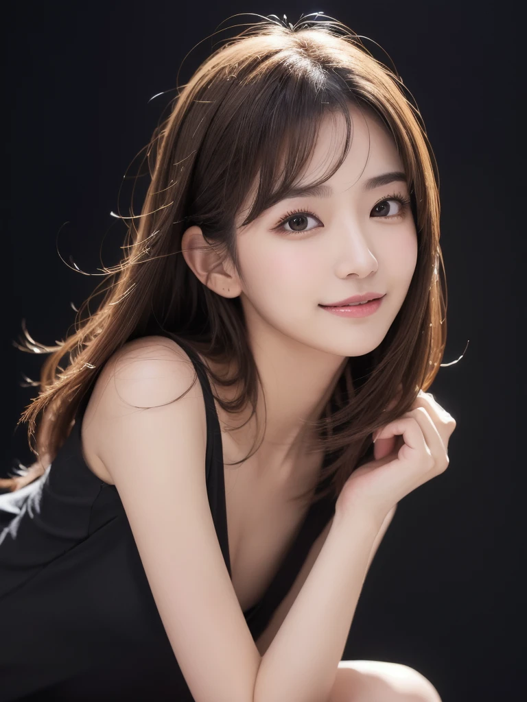 (RAW Photos), (Realistic), (masterpiece), (Highest quality), High resolution, 8K, (Intricate details), (Volumetric Light), Portraiture, woman, Age 35, Medium Hair, Straight hair, Medium Chest, Layered Hair, Brown Hair, Very beautiful eyes, Source order, Very thin eyebrows, Very fine skin, Very beautiful mouth, Very nice nose, Cute like an idol, smile, (Thick lips), (Looking at the audience), (See-through black collared dress shirt), Above the knee shot、Black background table top、Highest quality、Genuine、Very detailed、finely、High resolution、8K壁紙、一人の美しいwoman、、Light brown messy hair、He is wearing a black see-through open-necked shirt.。、Sharp focus、Perfect dynamic composition、Beautiful attention to detail、Thin Hair、詳細なGenuineな肌の質感、smile、Close-up portrait、Model Body Type

