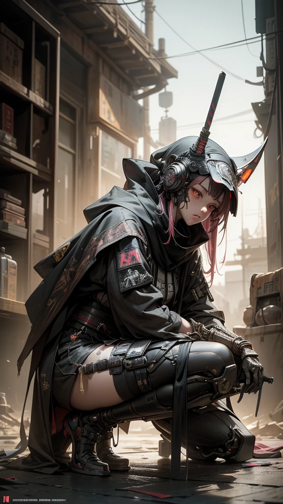 A nomadic robot, in the desert, wearing a disheveled shawl, holding a staff, wearing a large metal hat, rough, rusty, dusty body, thin frame, tall, cyberpunk, Cyborg., Session surreal version of a woman kneeling down on one leg holding a sword in her hand, very beautiful cyberpunk samurai, anime cyberpunk art, cyberpunk samurai, cyberpunk anime art, cyberpunk anime, cgsociety 9, technical cyberpunk anime art number, style of maciej kuciara.1girl, samurai armor, devil mask helmet, intricate, detailed ornaments, cool colors, metallic, Egyptian details, extremely intricate details, luster realistic lighting, trends in cgs society, glowing eyes, facing camera, neon details, surreal details, full body portrait, Japanese atmosphere, global illumination, shadows, rendering octane, 8k, super sharp. cool lolita.