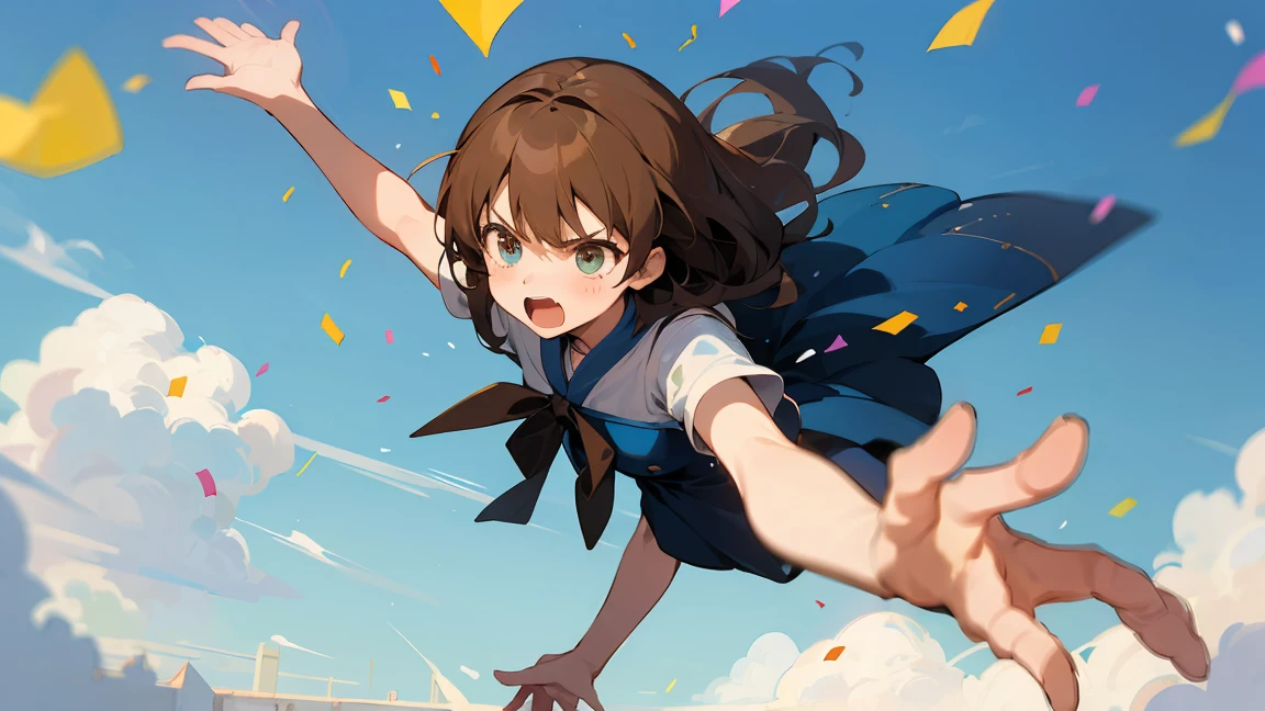 ((Highest quality)), ((masterpiece)), ((Very detailed)),floatingする女の子,Angry expression，floating，floating，Confetti，Brown Hair,tears,Rapid Rise,最高masterpiece,Blue sky and clouds background,Raise your feet into the air