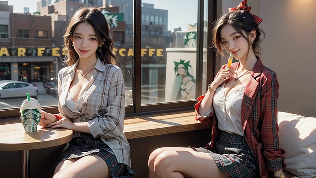 8K、RAW Photos、Highest quality、Super detailed、Super Resolution、Ultra HD、8K壁紙、Amazing details blazer uniform girl ((White blouse with formal collar, A nice red blazer, Black plaid skirt, Red checkered ribbon on blouse)), Complete limbs, Full Finger,
((((Inside the Starbucks store))))、16 year old female student、(((Eat cake、Drink coffee、smile)))、Heart Necklace、Gold bracelet
((Emphasize cleavage))
((((Woman sitting at the window seat))))